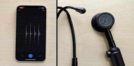 gros plan du stéthoscope numérique Littmann CORE se synchronisant avec l’application mobile EKO
