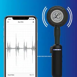 Stéthoscope numérique Littmann CORE 3M connecté au logiciel Eko sur le téléphone.